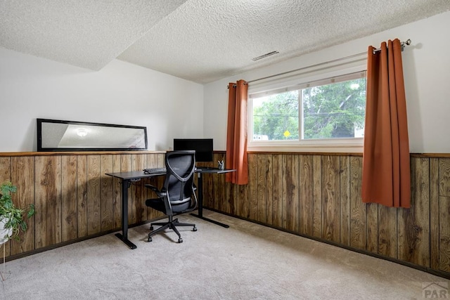 20 N 32nd St, Colorado Springs, CO 80904 - home office featuring wood walls, a textured ceiling, carpet flooring, and wainscoting