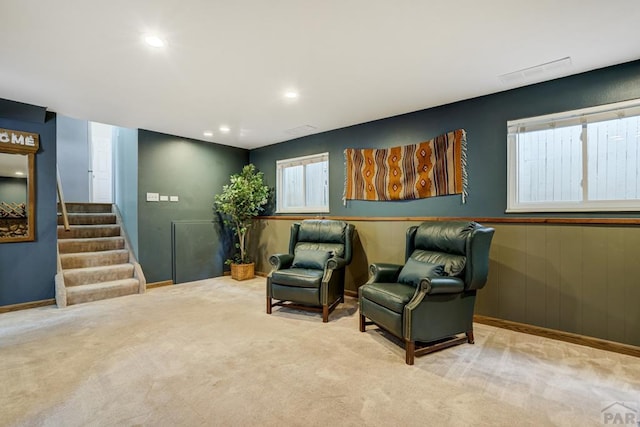 20 N 32nd St, Colorado Springs, CO 80904 - sitting room featuring carpet flooring, recessed lighting, stairway, and a wainscoted wall