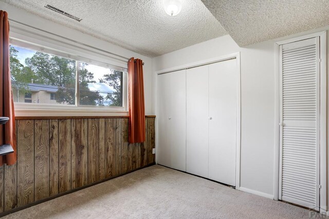 20 N 32nd St, Colorado Springs, CO 80904 - unfurnished bedroom with carpet flooring, a textured ceiling, a closet, and wooden walls