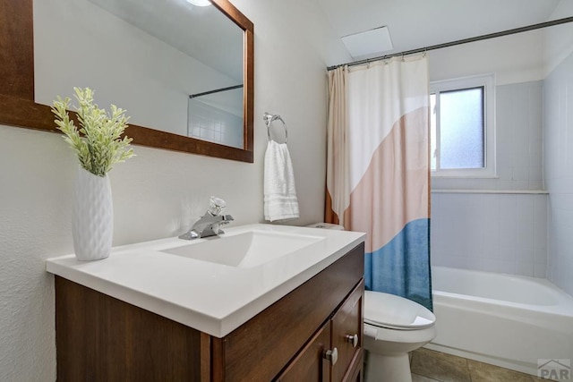 20 N 32nd St, Colorado Springs, CO 80904 - bathroom featuring vanity, toilet, shower / bath combination with curtain, and tile patterned floors