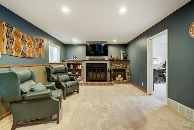 20 N 32nd St, Colorado Springs, CO 80904 - living room with a glass covered fireplace, carpet flooring, recessed lighting, and baseboards