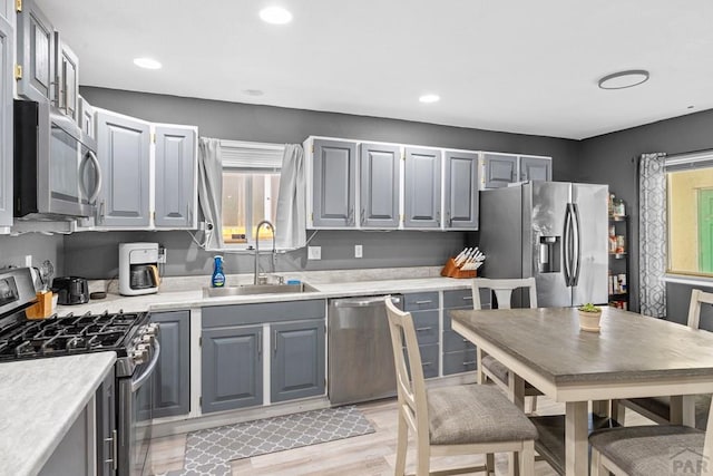 kitchen featuring a sink, gray cabinets, stainless steel appliances, and light countertops