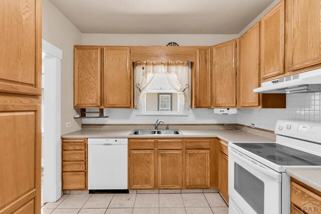 2121 N Greenwood St, Pueblo, CO 81003 - kitchen featuring white appliances, under cabinet range hood, light tile patterned floors, backsplash, and light countertops