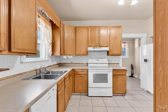 2121 N Greenwood St, Pueblo, CO 81003 - kitchen featuring white appliances, under cabinet range hood, decorative backsplash, and plenty of natural light