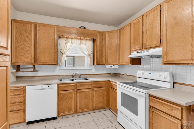 2121 N Greenwood St, Pueblo, CO 81003 - kitchen featuring white appliances, under cabinet range hood, light tile patterned floors, backsplash, and light countertops