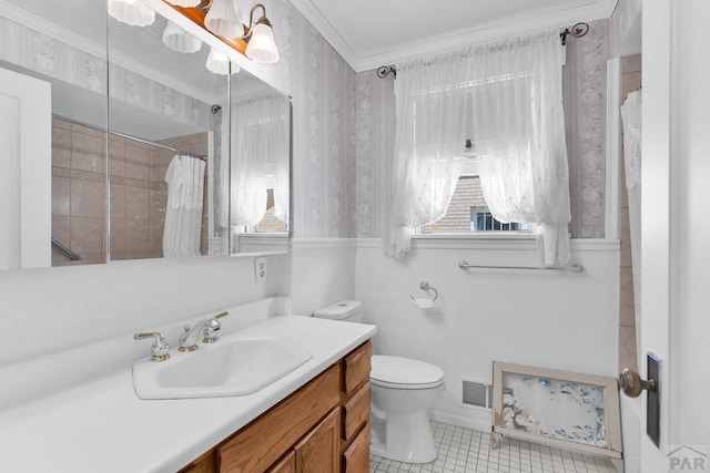 2121 N Greenwood St, Pueblo, CO 81003 - full bathroom featuring vanity, wallpapered walls, ornamental molding, tile patterned flooring, and a wainscoted wall