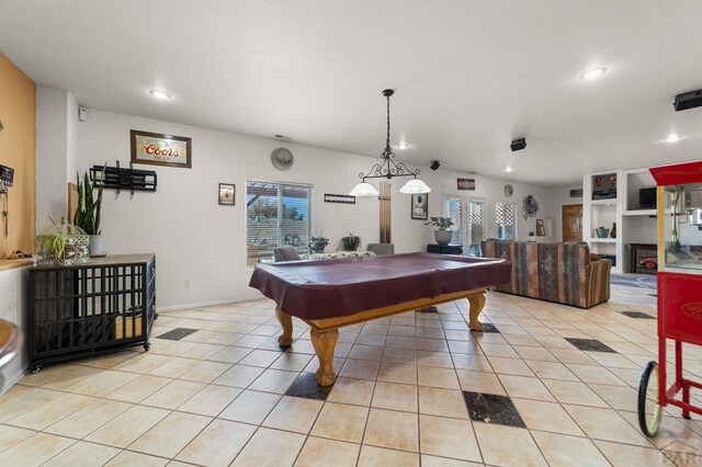 playroom with recessed lighting, billiards, baseboards, and light tile patterned floors