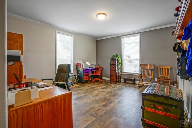 office area featuring ornamental molding, baseboards, plenty of natural light, and wood finished floors