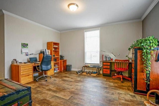 office featuring baseboards, crown molding, and wood finished floors