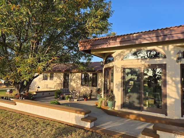 view of exterior entry with a patio area and stucco siding