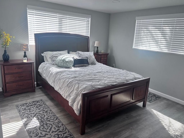 bedroom with baseboards, multiple windows, and wood finished floors