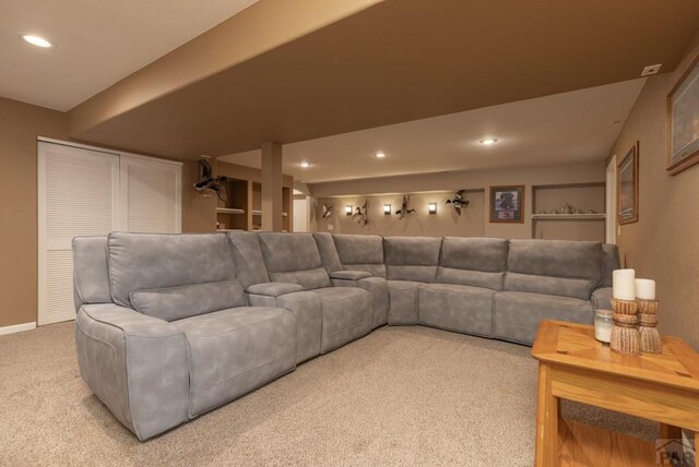 home theater with carpet floors, recessed lighting, and baseboards