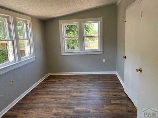605 E 8th St, La Junta, CO 81050 - unfurnished room featuring healthy amount of natural light, a textured ceiling, dark wood-type flooring, lofted ceiling, and baseboards