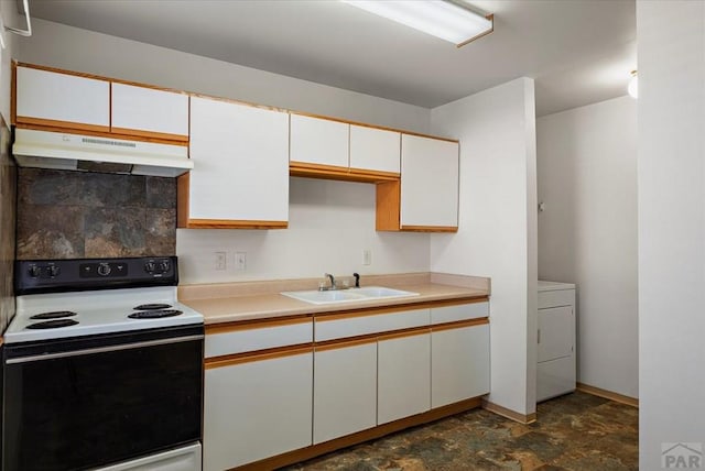 kitchen with under cabinet range hood, range with electric cooktop, a sink, light countertops, and washer / clothes dryer