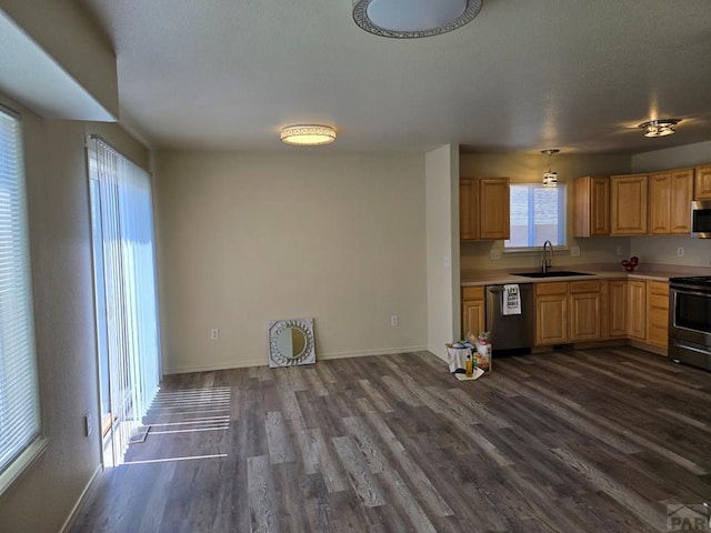 kitchen with dark wood-type flooring, stainless steel appliances, light countertops, light brown cabinetry, and a sink