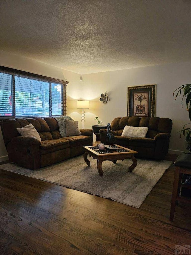 living area with dark wood finished floors and a textured ceiling