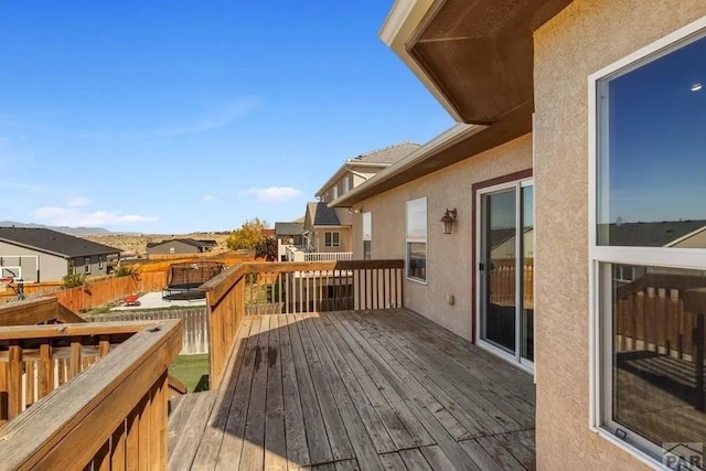 wooden deck featuring a fenced backyard and a residential view