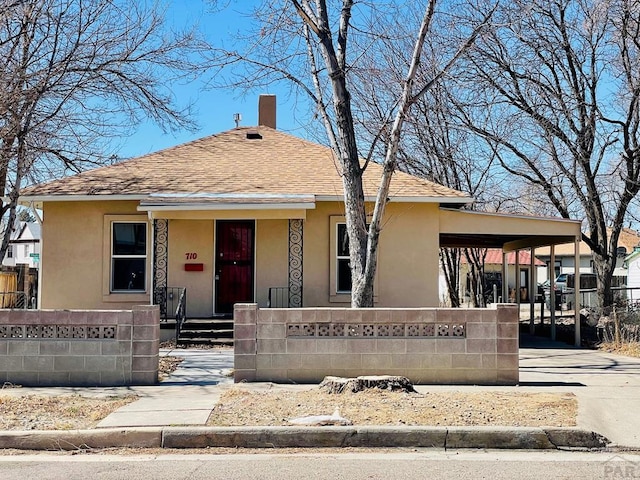 view of front of house with a fenced front yard, roof with shingles, and stucco siding