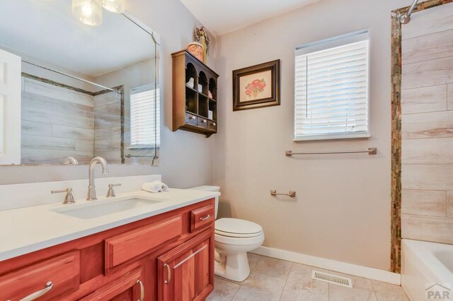 full bath featuring visible vents, baseboards, toilet, tile patterned flooring, and vanity