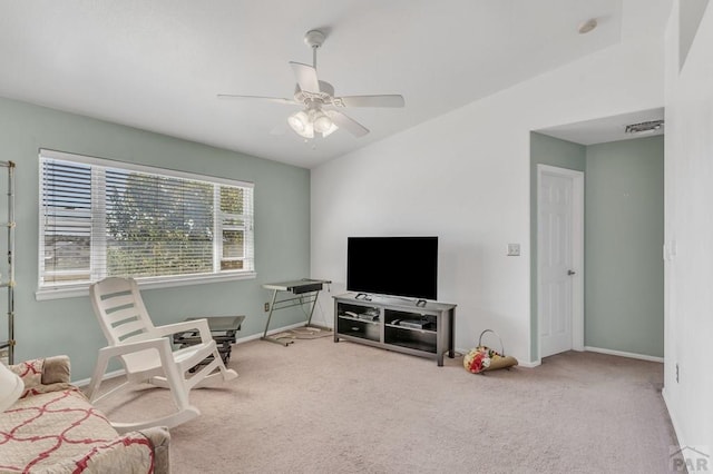 interior space featuring visible vents, carpet, a ceiling fan, and baseboards