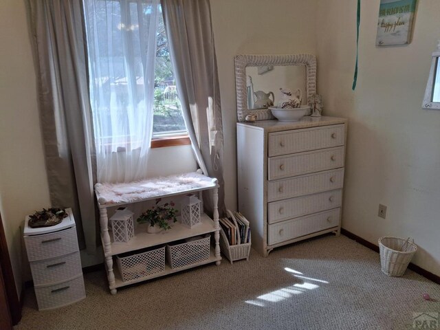 bedroom with light carpet and baseboards