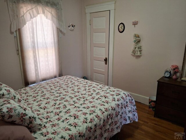 bedroom featuring dark wood-type flooring and multiple windows