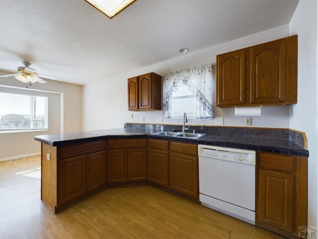 kitchen featuring tile counters, light wood-style floors, white dishwasher, a sink, and plenty of natural light