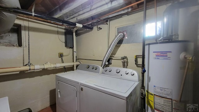 laundry room with water heater, independent washer and dryer, and laundry area