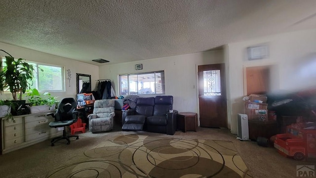 living area with a textured ceiling, radiator heating unit, carpet, and a healthy amount of sunlight