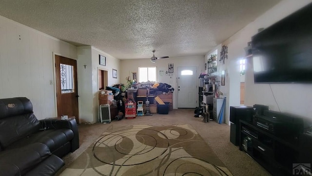 living area featuring a textured ceiling and carpet floors