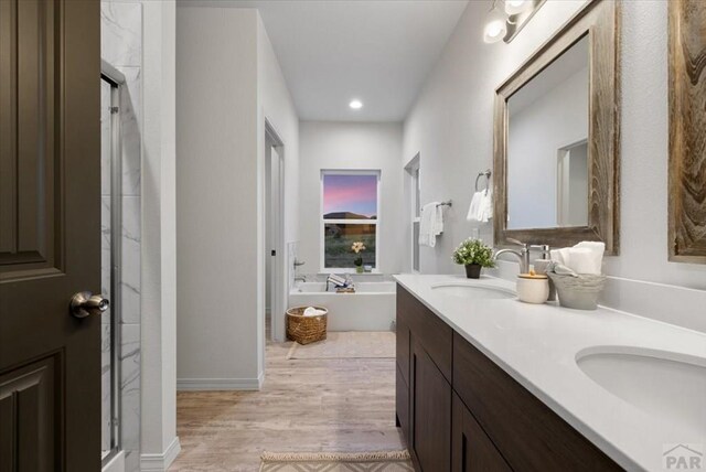 bathroom with double vanity, a stall shower, wood finished floors, a freestanding tub, and a sink