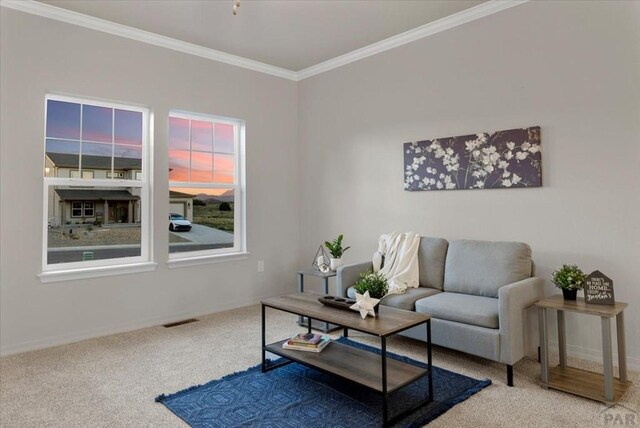 carpeted living area featuring ornamental molding, visible vents, and baseboards