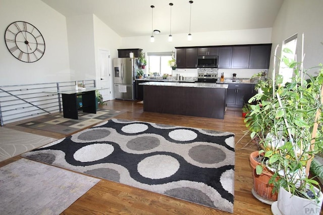 1470 Villa Spanada, Pueblo, CO 81006 - kitchen featuring stainless steel appliances, a center island, dark wood-style floors, hanging light fixtures, and vaulted ceiling