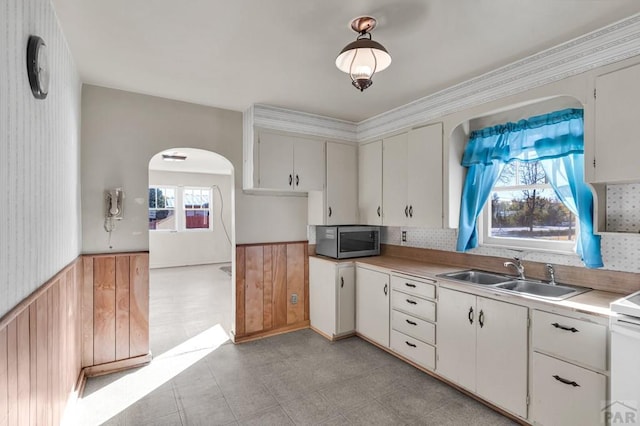 kitchen with white cabinets, wainscoting, stainless steel microwave, light countertops, and a sink