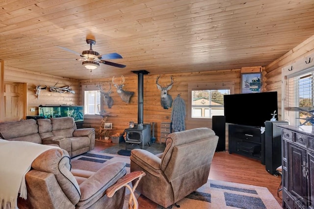 1918 Kelly Creek Trl, Canon City, CO 81212 - living area featuring a wood stove, wood ceiling, a ceiling fan, wood finished floors, and plenty of natural light