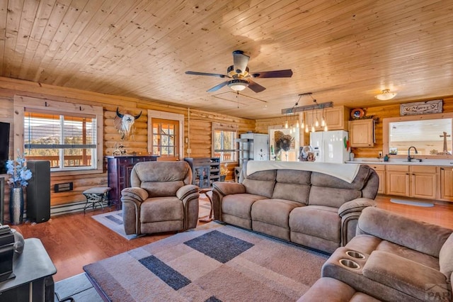 1918 Kelly Creek Trl, Canon City, CO 81212 - living room featuring log walls, wooden ceiling, light wood-type flooring, and a ceiling fan