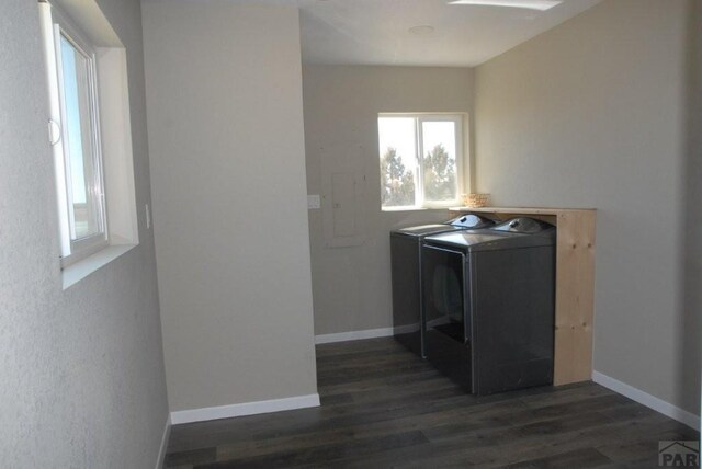 interior space featuring a ceiling fan, baseboards, dark wood-style flooring, and recessed lighting