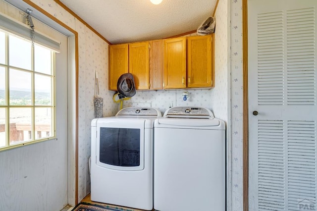 8417 3r Rd, Beulah, CO 80123 - washroom featuring wallpapered walls, washer and dryer, cabinet space, plenty of natural light, and a textured ceiling