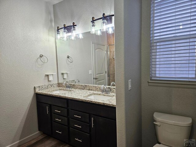 bathroom featuring wood finished floors, a sink, toilet, and double vanity