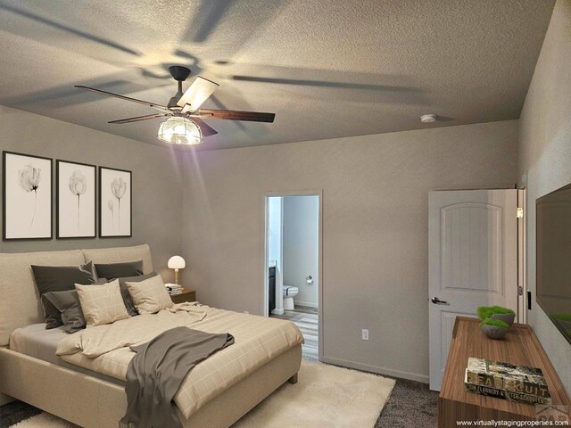 bedroom with ensuite bath, a textured ceiling, baseboards, and carpet flooring