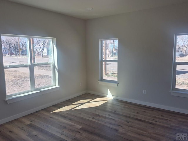 empty room featuring baseboards, a wealth of natural light, and wood finished floors