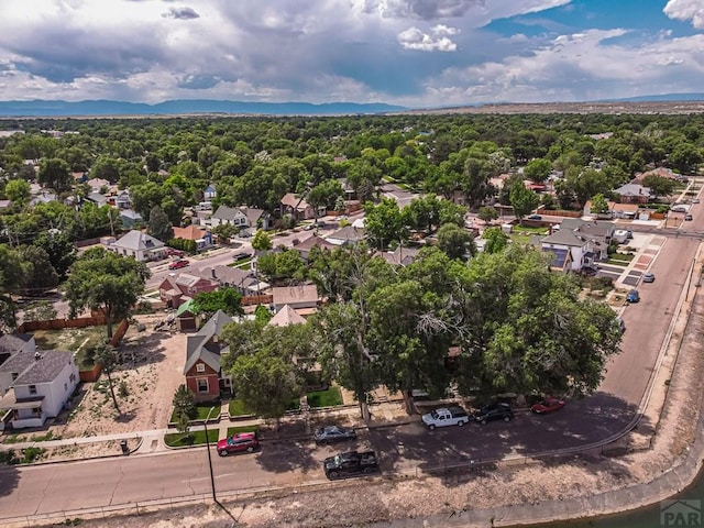 bird's eye view featuring a residential view and a wooded view