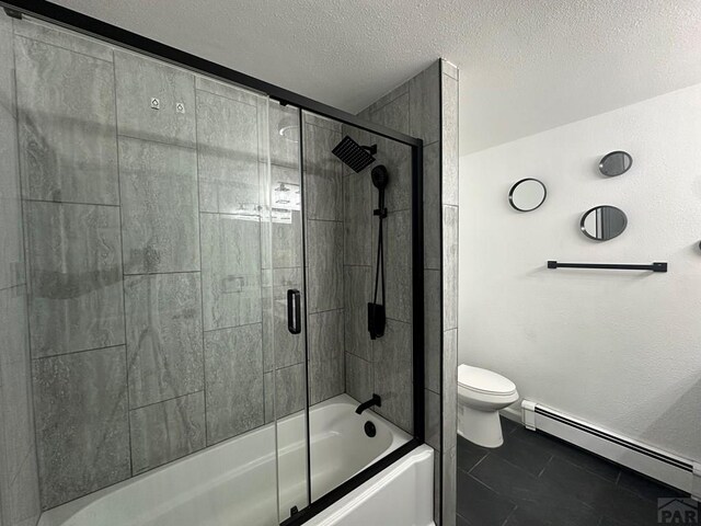 full bath with baseboards, toilet, a baseboard radiator, enclosed tub / shower combo, and a textured ceiling