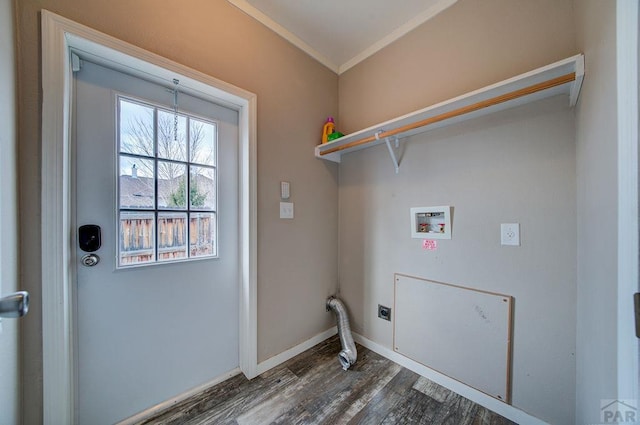 clothes washing area with hookup for an electric dryer, laundry area, dark wood-style flooring, washer hookup, and baseboards