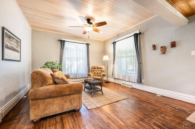 living area with baseboards, a ceiling fan, wood finished floors, wood ceiling, and ornamental molding