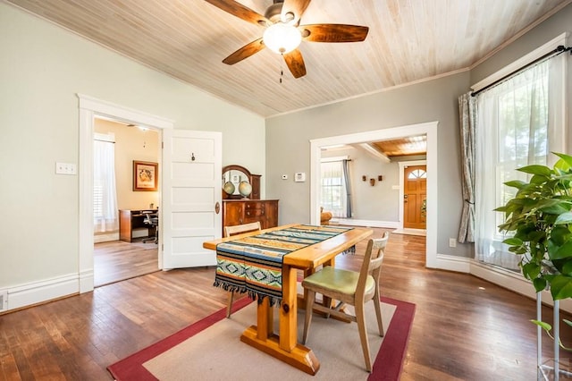 dining area featuring vaulted ceiling, wood finished floors, wood ceiling, ceiling fan, and ornamental molding