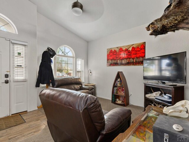 living area featuring vaulted ceiling, light wood finished floors, and ceiling fan