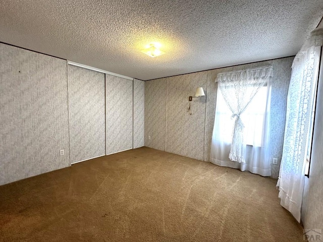 empty room featuring a textured ceiling and carpet flooring