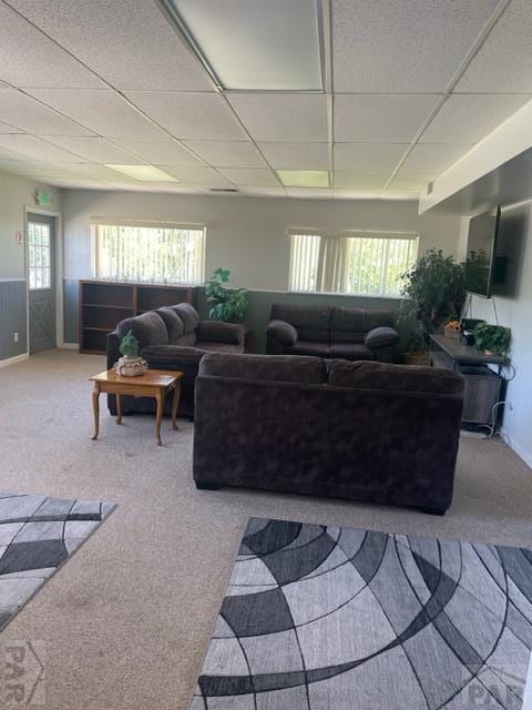 living room featuring a paneled ceiling and carpet flooring