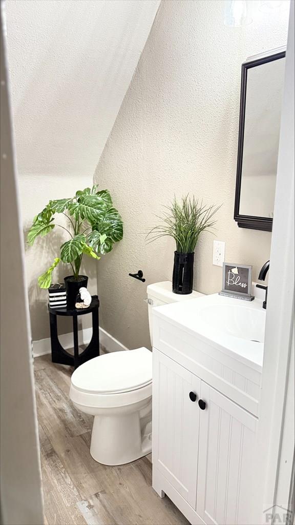 bathroom with vanity, a textured wall, wood finished floors, and toilet